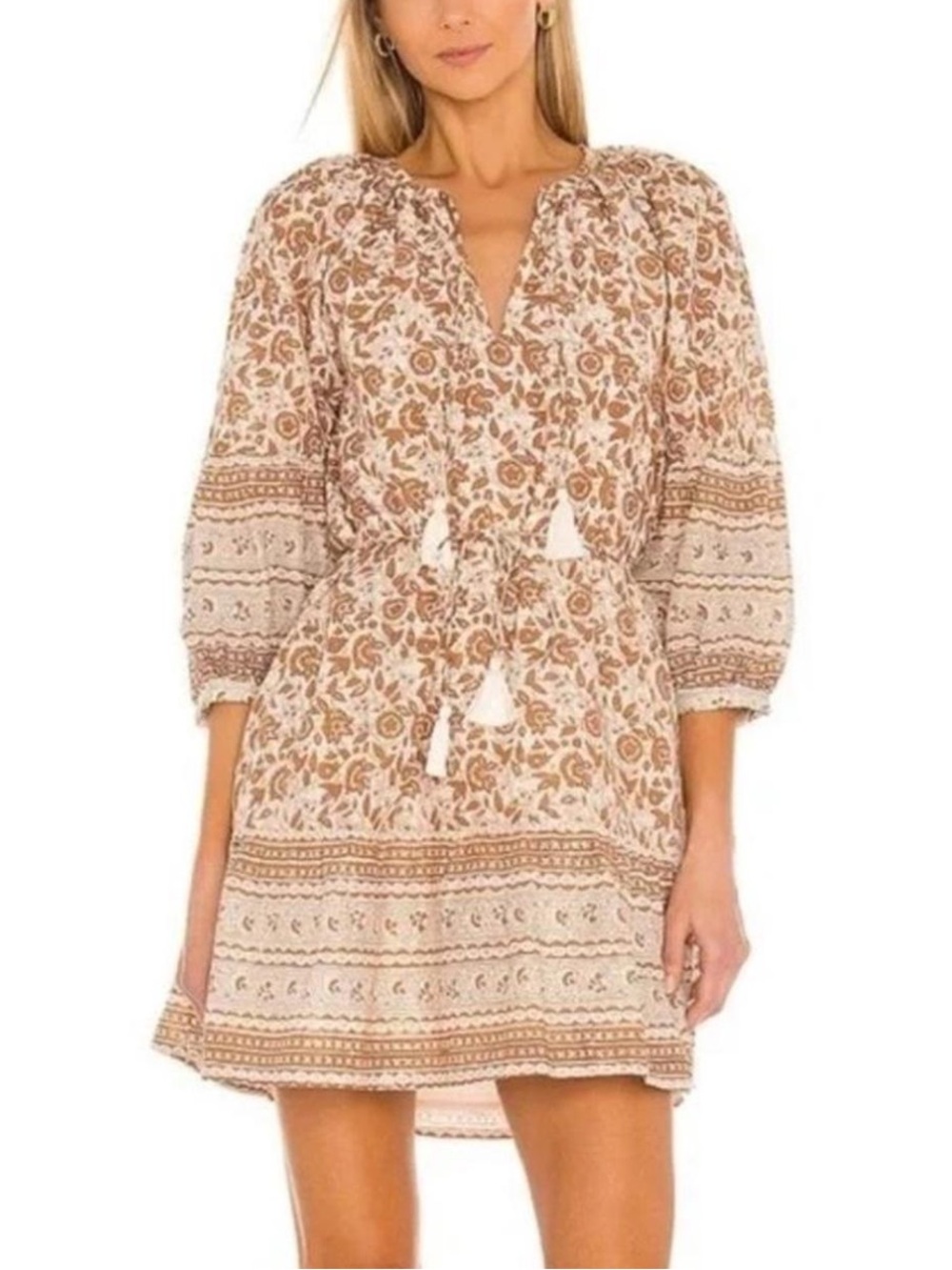 Cleobella Rosy Floral Mini Dress Tamil Block Print Cream Brown Boho XS $230